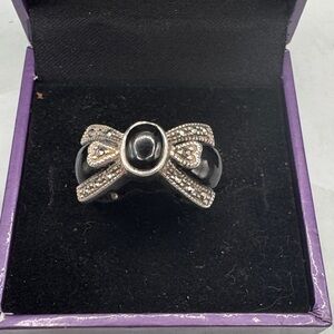 Vintage Sterling Silver Black Onyx Bow Ring with Marcasite Accents